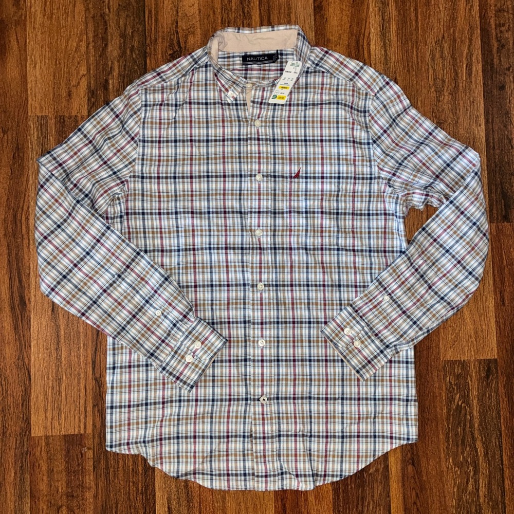 Nautica Mens Small Plaid Button Down Shirt Long Sleeve Blue Tan Red W6228N NWT